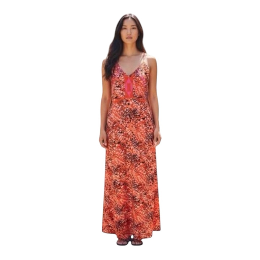 Izzy & Lola Orange/Pink Abstract Sleeveless V-Neck Boho Maxi L